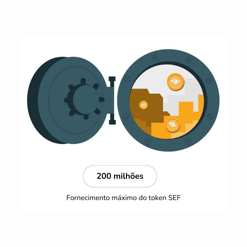 A ilustração mostra um cofre que simboliza o fornecimento máximo do token Store Finance (SEF).