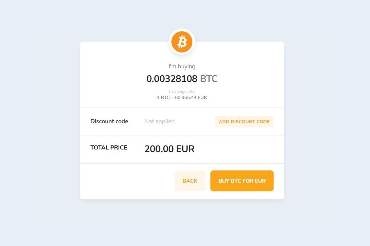 Bitcoin (BTC) cryptocurrency purchase confirmation window for Euro (EUR).