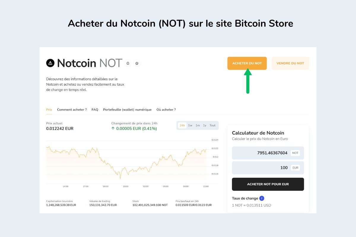 L'image montre le processus d'achat de Notcoin sur la plateforme Bitcoin Store (version de bureau).