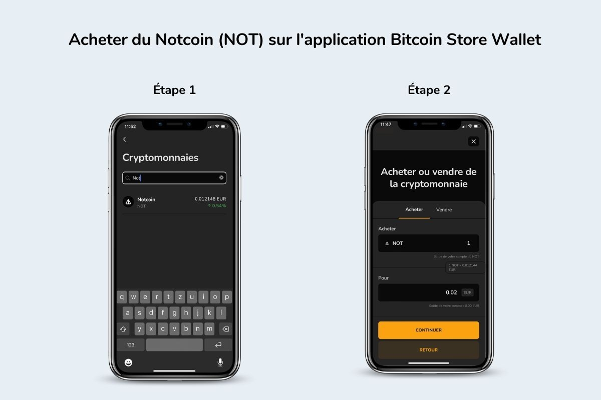 L'image montre le processus d'achat de Notcoin dans l'application Bitcoin Store Wallet.