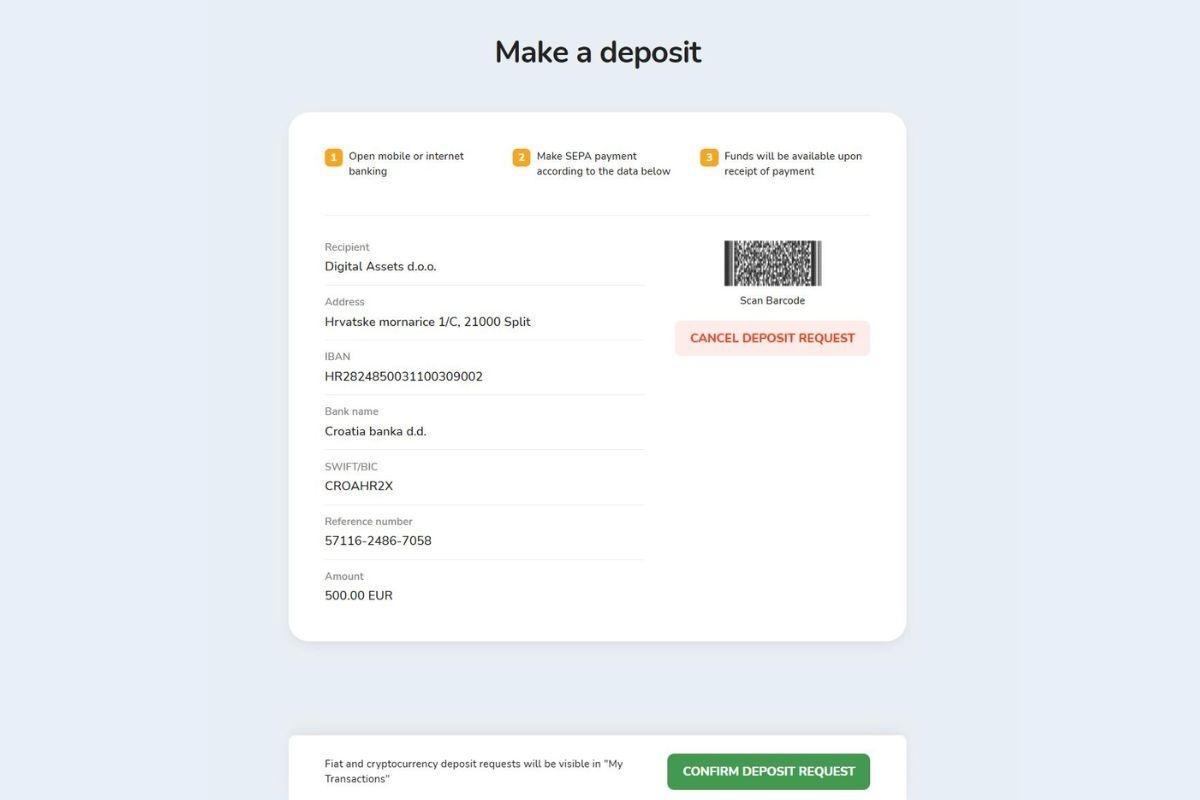 The information window for depositing funds on the Bitcoin Store platform.