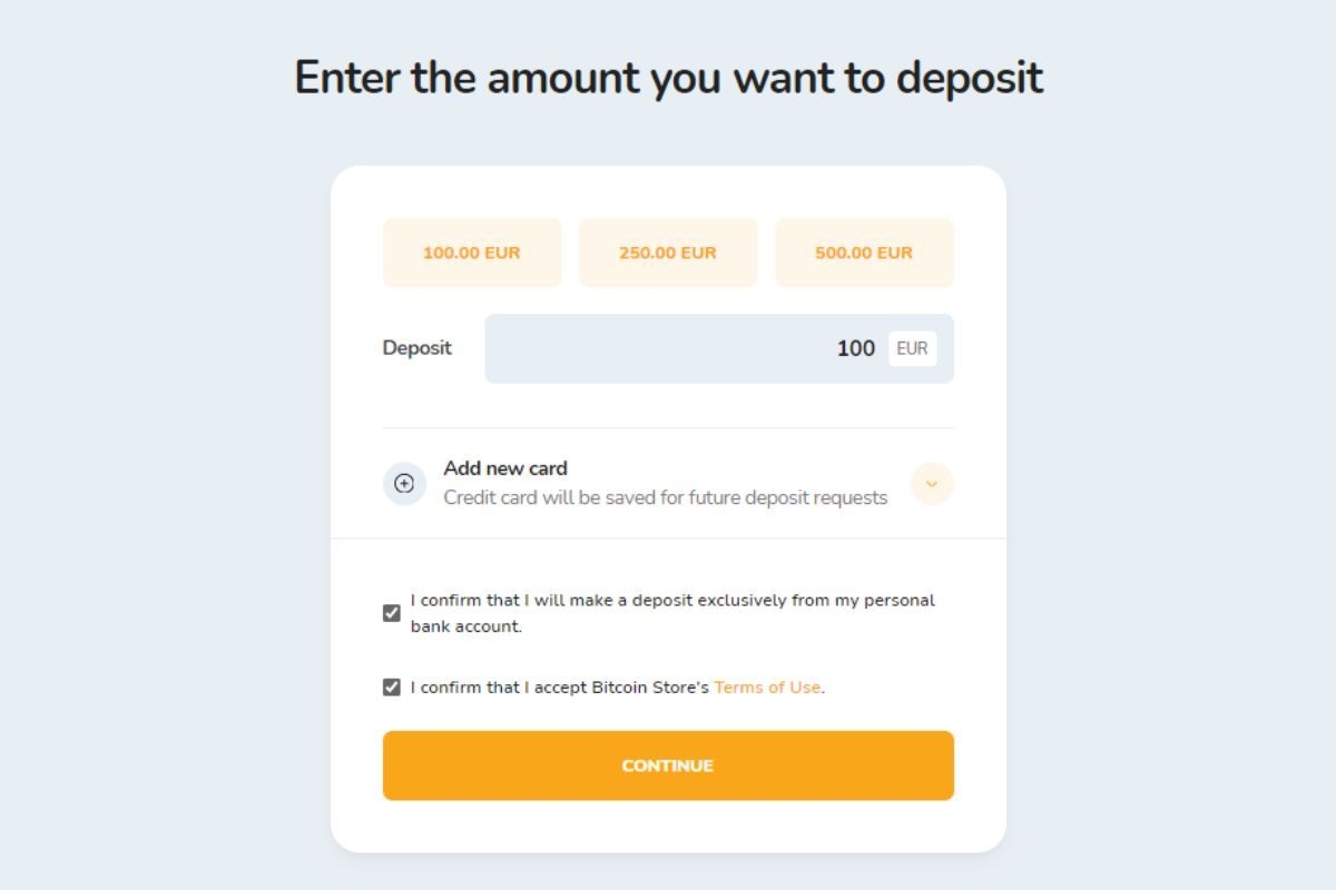 Entering the amount in Euros for payment to your own Bitcoin Store account