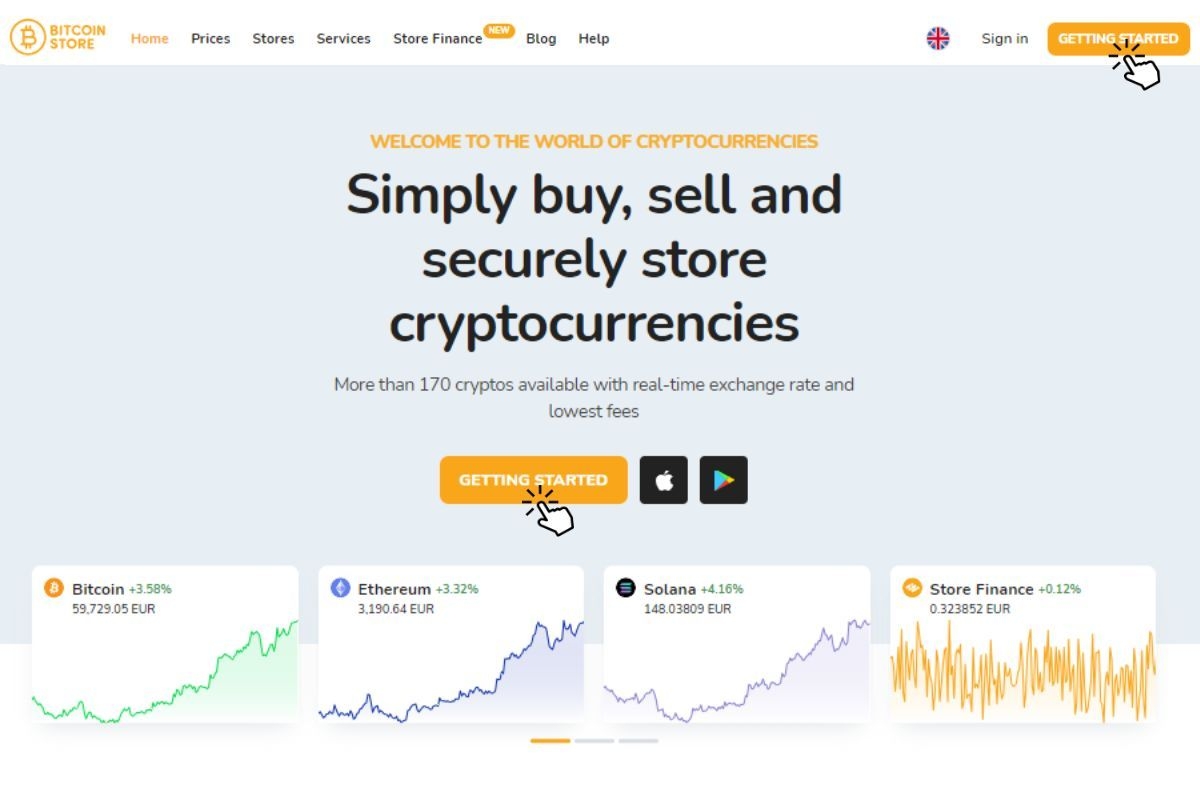 Homepage of the Bitcoin Store crypto exchange where you can buy Bitcoin and other cryptocurrencies