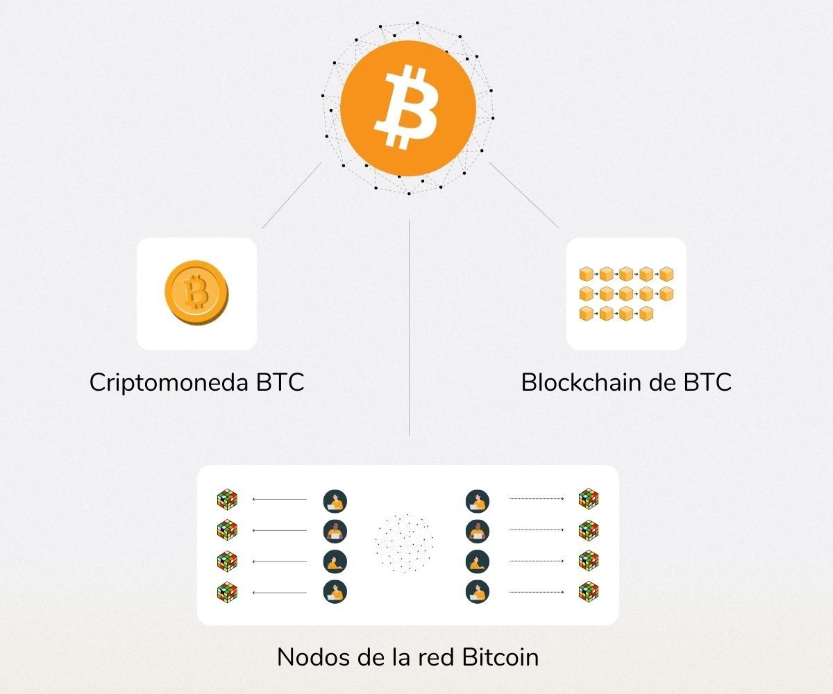 Gráfico que muestra el ecosistema de Bitcoin con criptomonedas y nodos