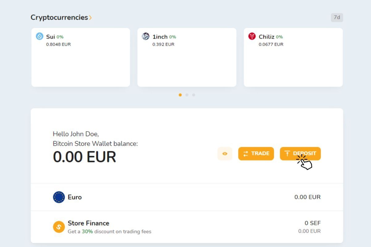 A screenshot of the home screen of Bitcoin Store Wallet, a free digital wallet for buying, selling and storing cryptocurrencies
