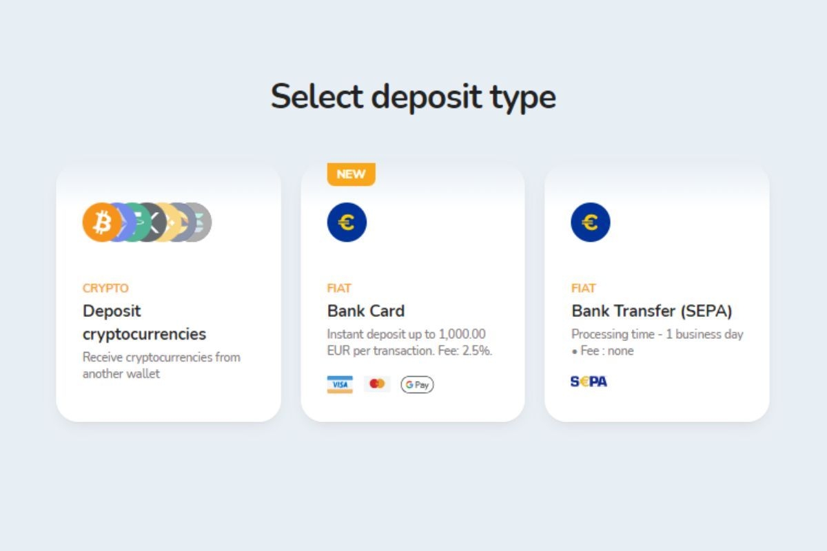 Methods available for depositing fiat funds on the Bitcoin Store platform.