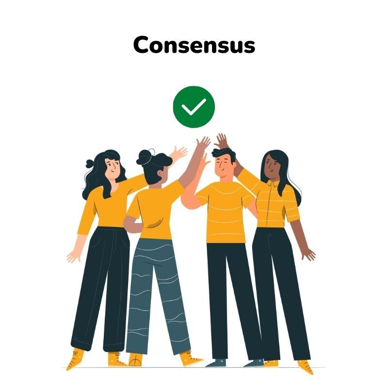 L'illustration montre un groupe de personnes parvenant à un consensus.