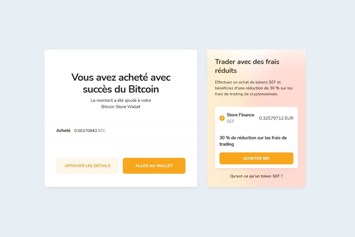 Achat réussi de la première cryptomonnaie sur la plateforme Bitcoin Store.