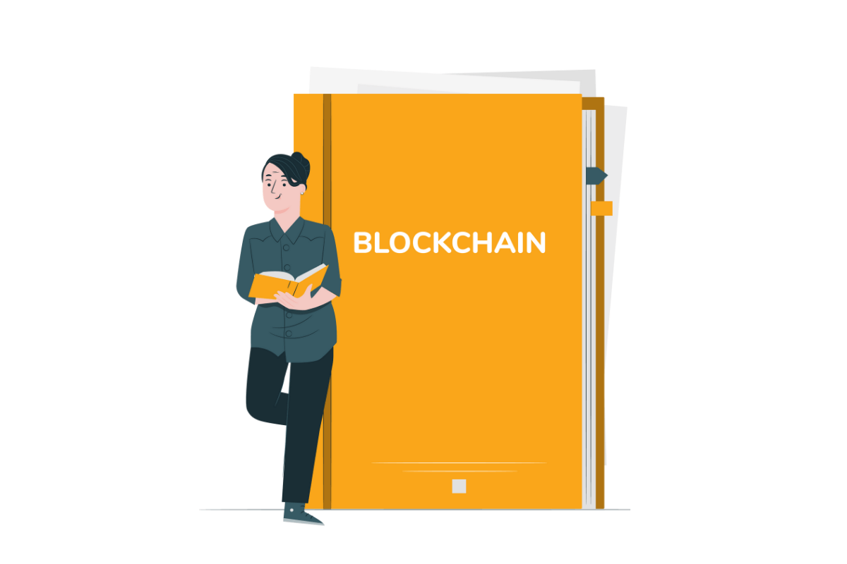 Ilustracja przedstawia kobietę opierającą się o dużą pomarańczową książkę z tytułem Blockchain.