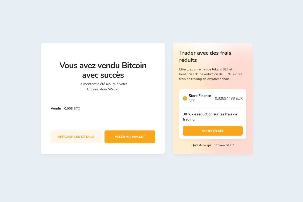 Confirmation de la vente de cryptomonnaies via Bitcoin Store Wallet.