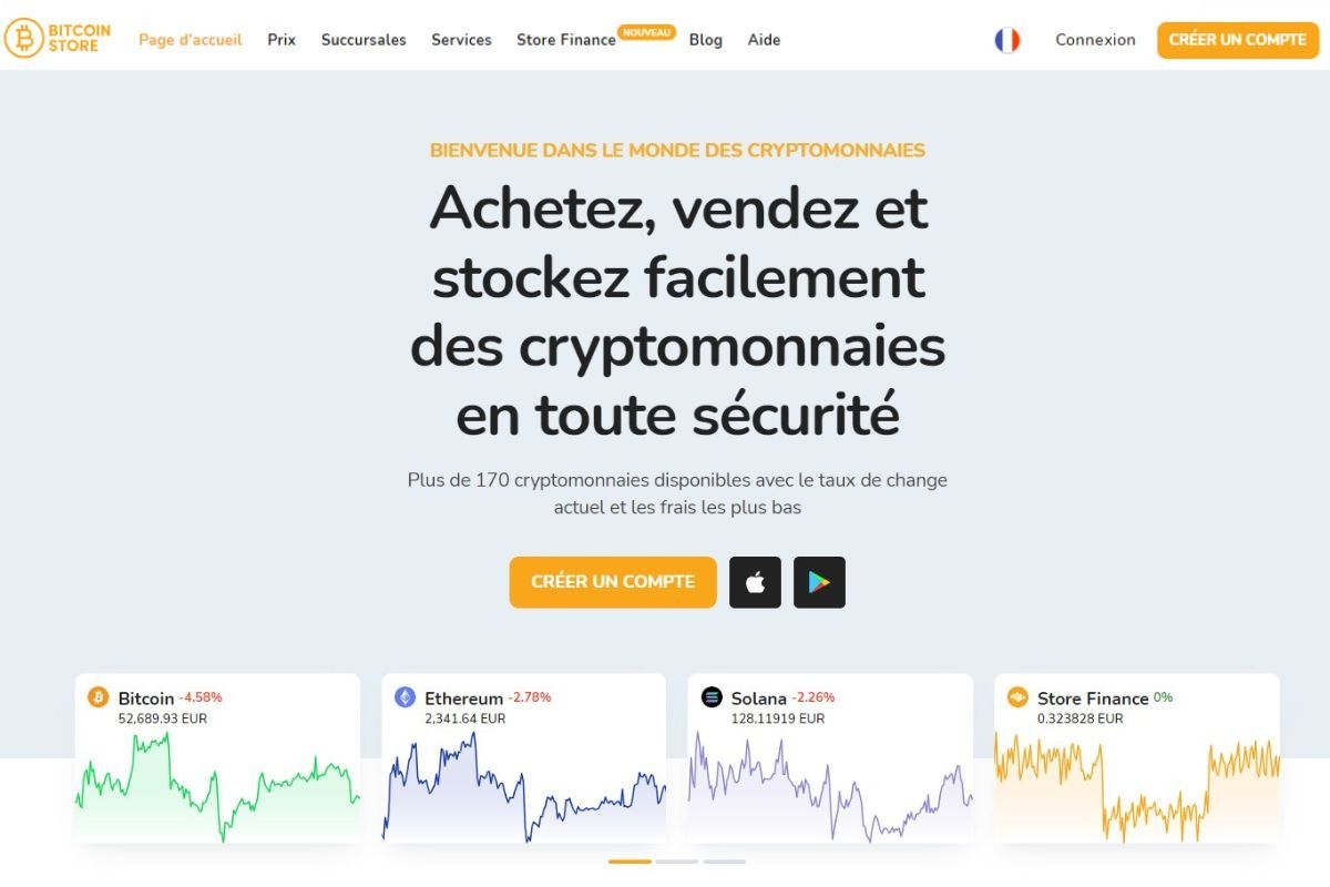 Page d'accueil de l'échange de cryptomonnaies Bitcoin Store où vous pouvez acheter du Bitcoin et d'autres cryptomonnaies.