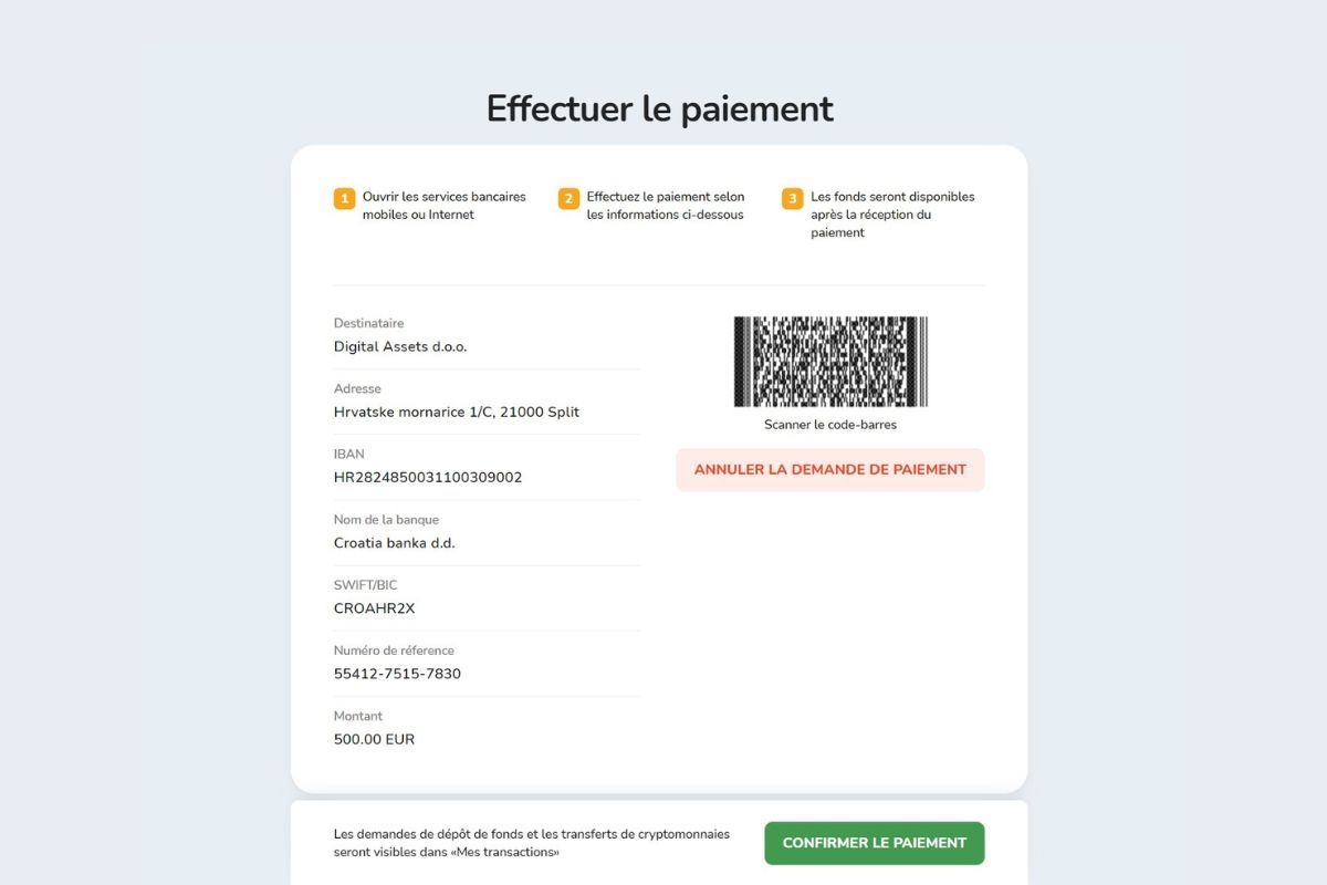 Fenêtre d'information pour le dépôt de fonds sur la plateforme Bitcoin Store