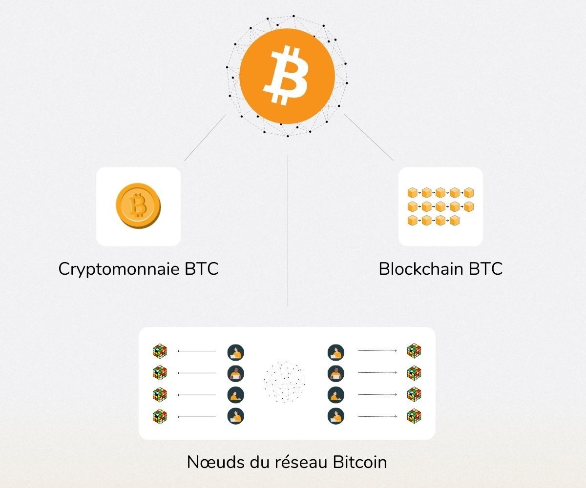 Graphique montrant l'écosystème Bitcoin avec crypto-monnaie et nœuds