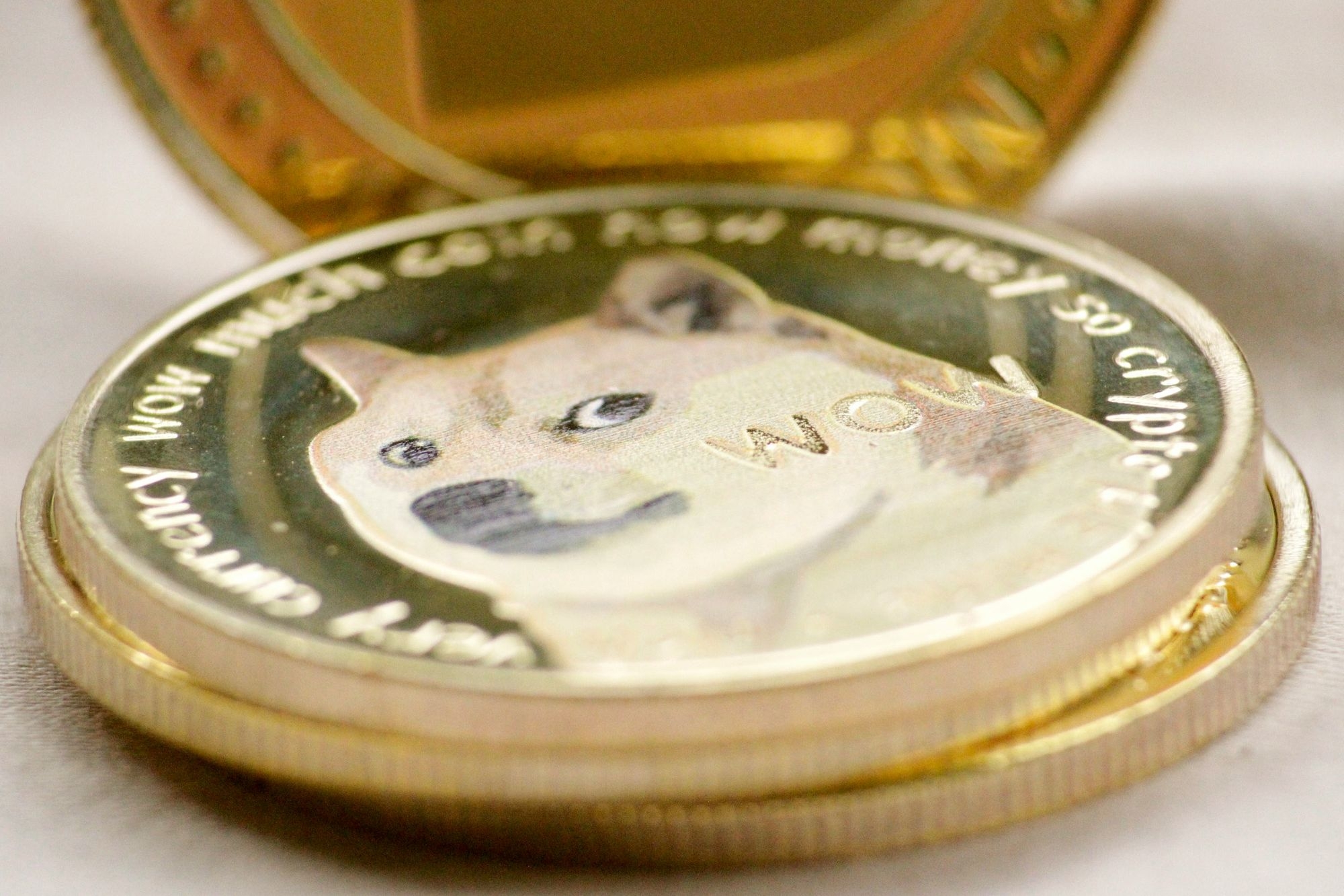 L'image montre une représentation du Dogecoin sous la forme d'une pièce de monnaie.