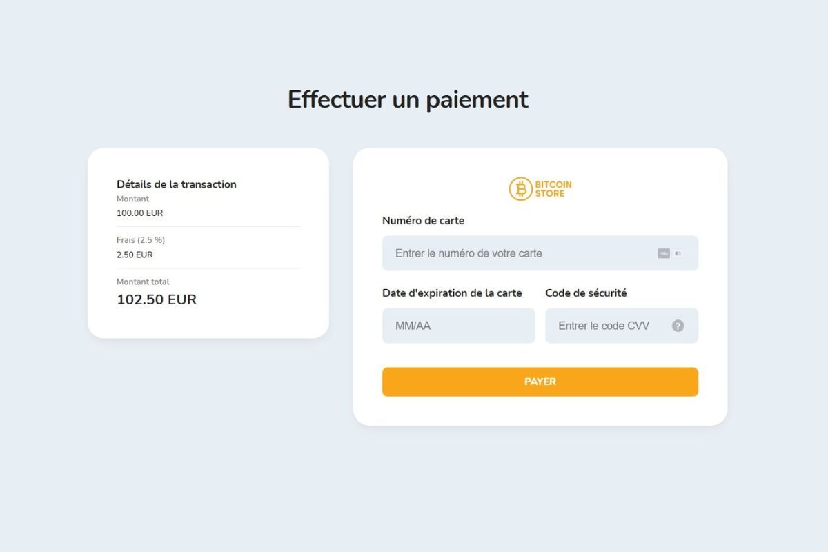 Détails de la carte bancaire pour déposer des fonds en fiat sur l'échange de cryptomonnaies Bitcoin Store