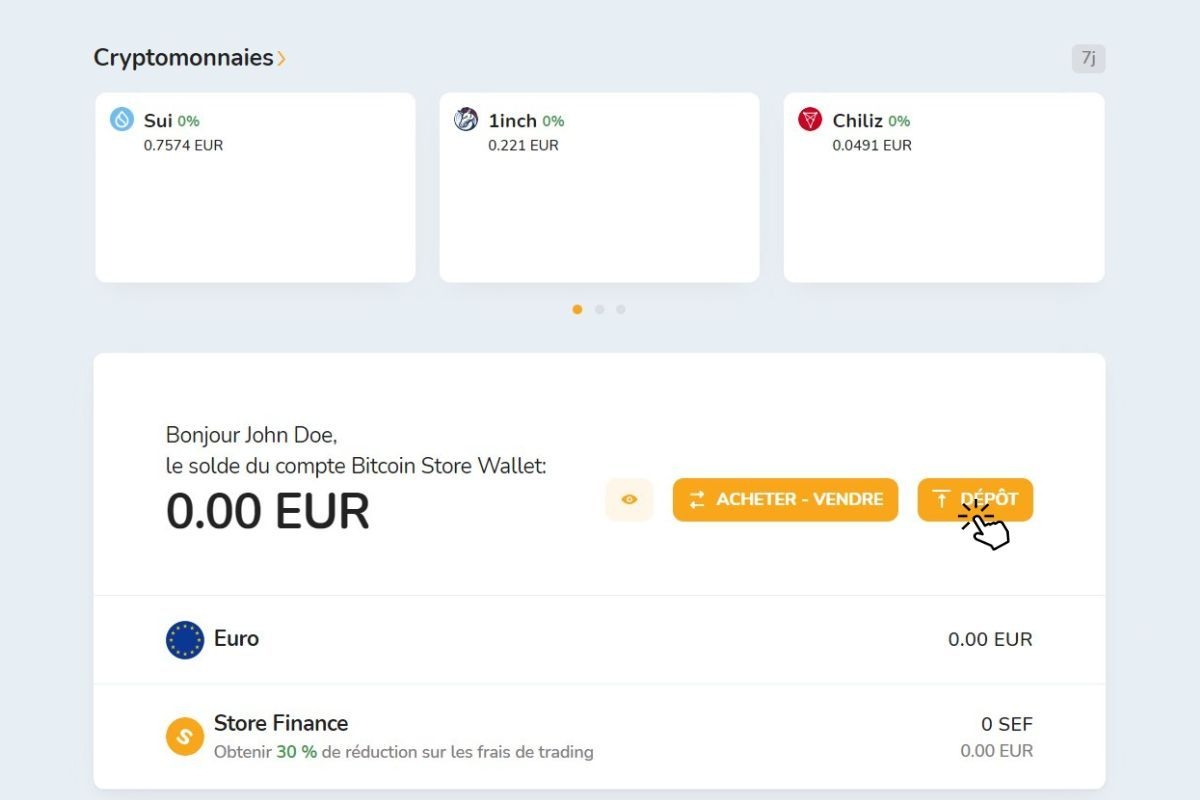 Capture d'écran de l'écran d'accueil de Bitcoin Store Wallet, un portefeuille numérique gratuit pour acheter, vendre et stocker des cryptomonnaies.