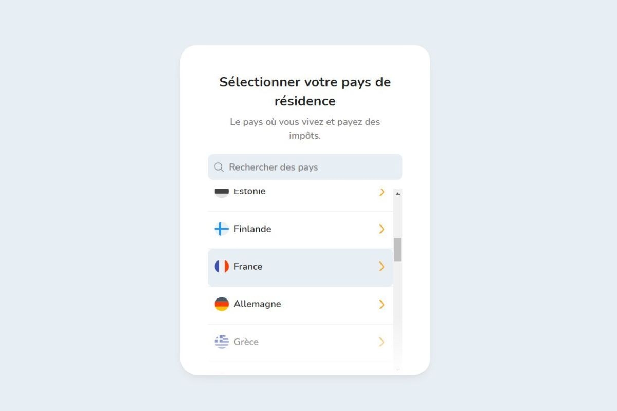 Sélectionner un pays de résidence lors de la création d'un compte sur la plateforme Bitcoin Store pour acheter et vendre des cryptomonnaies.