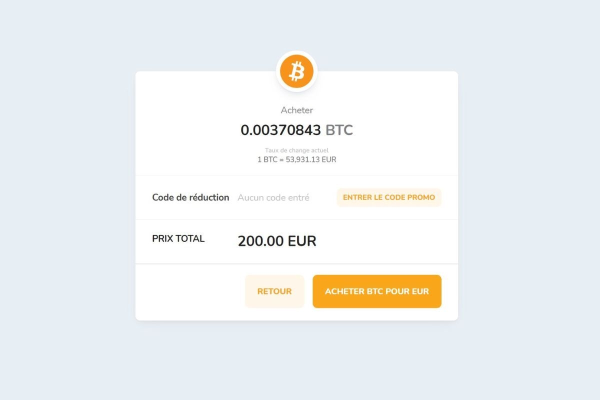 Fenêtre de confirmation d'achat de la cryptomonnaie Bitcoin (BTC) contre des euros (EUR).