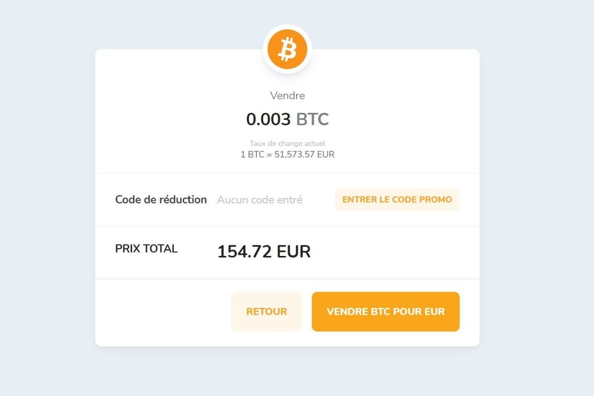 Confirmation de la vente de cryptomonnaies via Bitcoin Store Wallet