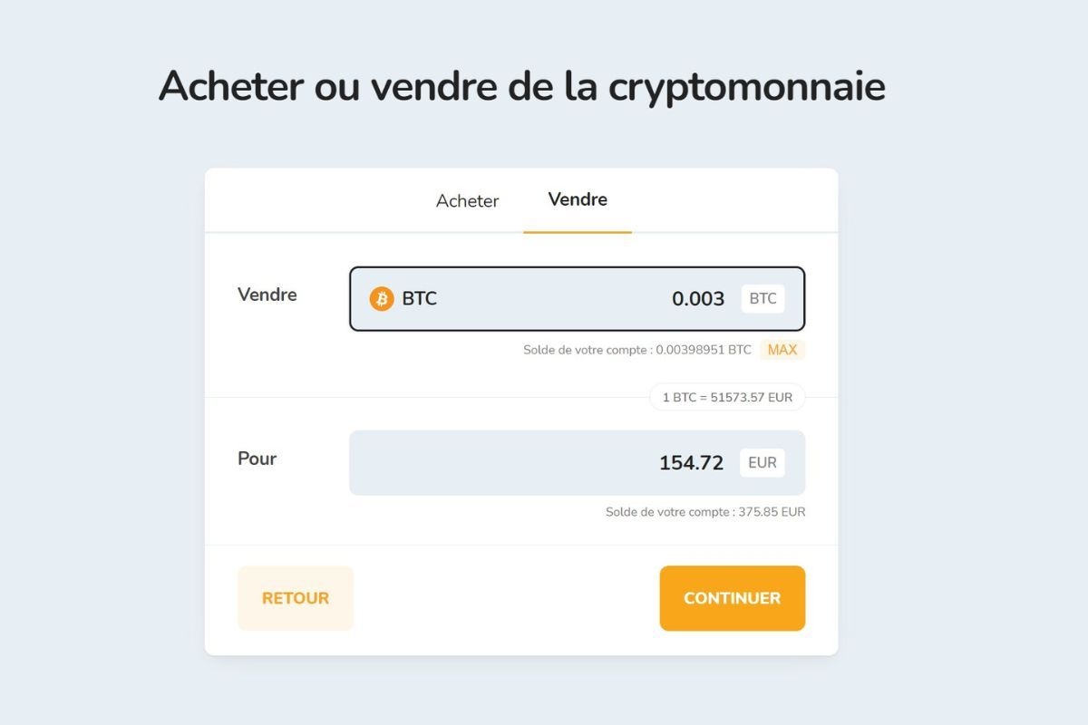 Vente de cryptomonnaies pour un montant en euros (EUR).