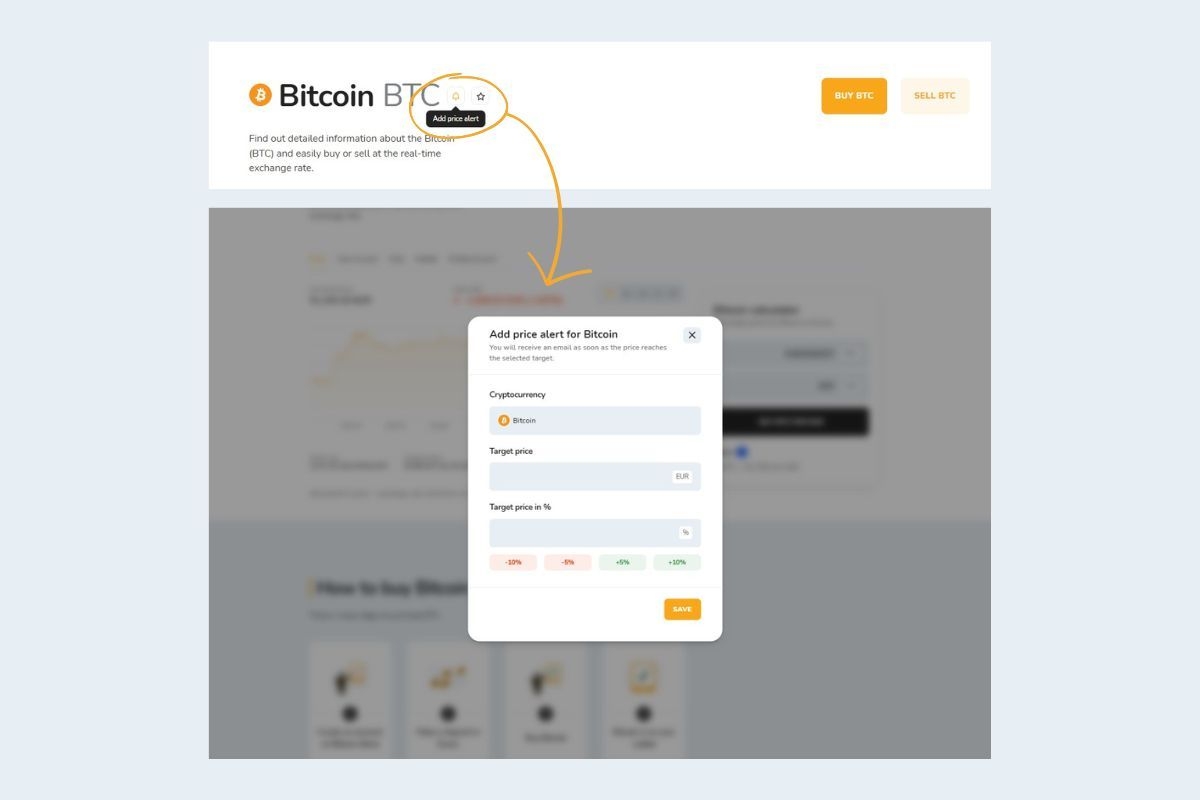 Image shows adding price alert option for Bitcoin on Bitcoin Store platform