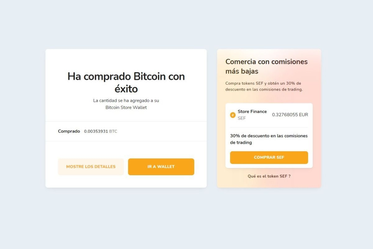 Compra exitosa de la primera criptomoneda en la plataforma de Bitcoin Store