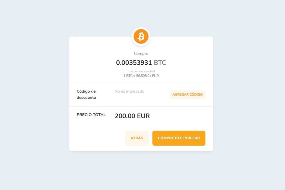 Ventana de confirmación de compra de la criptomoneda Bitcoin (BTC) por Euro (EUR).