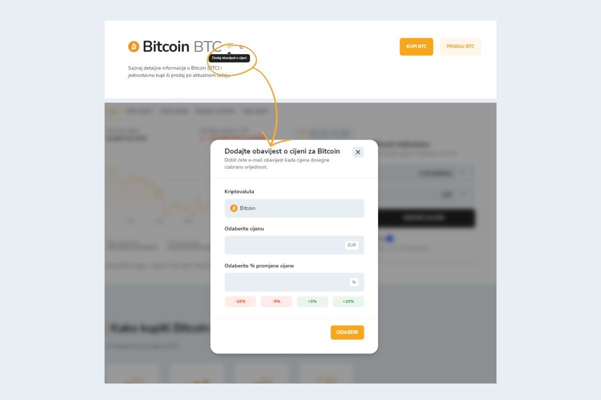 Slika prikazuje dodavanje opcije upozorenja o cijeni za Bitcoin na platformi Bitcoin Store