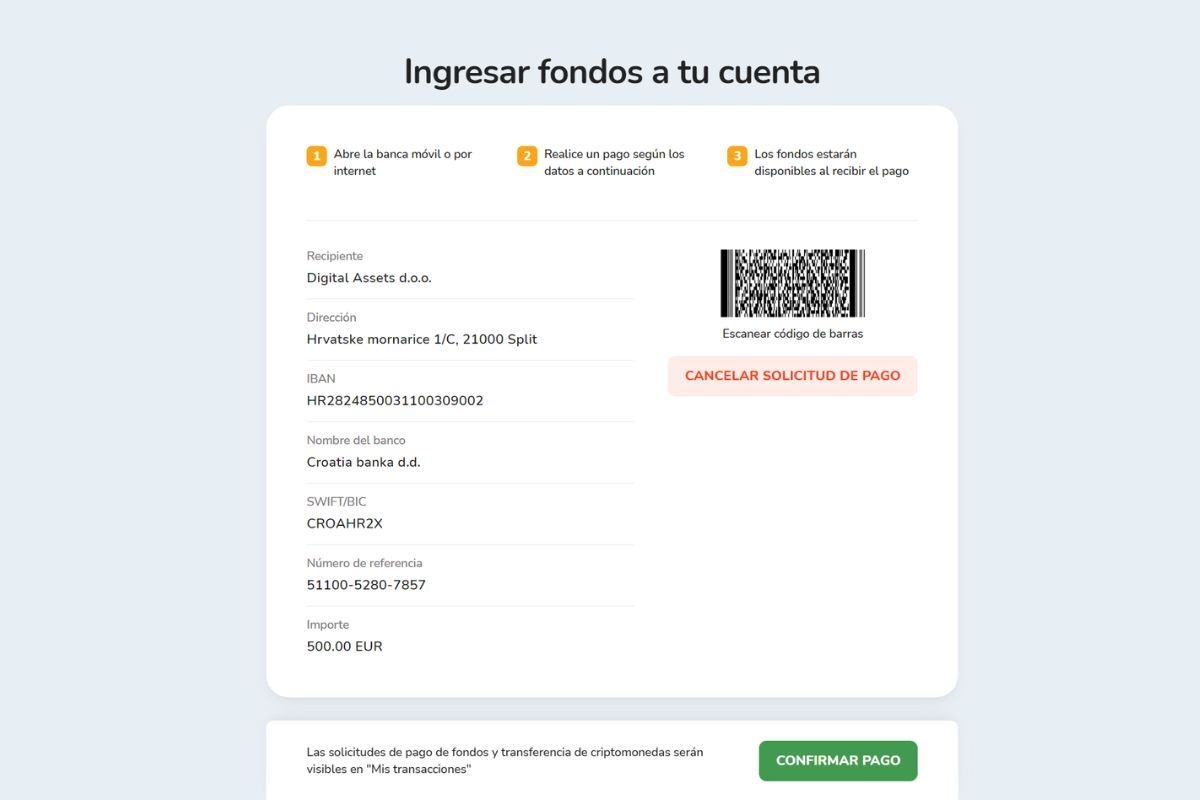 La ventana de información para el depósito de fondos en la plataforma de Bitcoin Store.