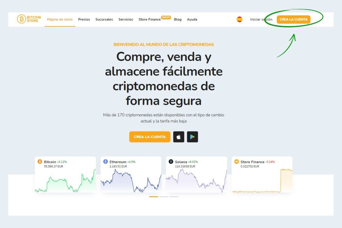 Página de inicio del exchange de criptomonedas Bitcoin Store donde puedes comprar Bitcoin y otras criptomonedas.