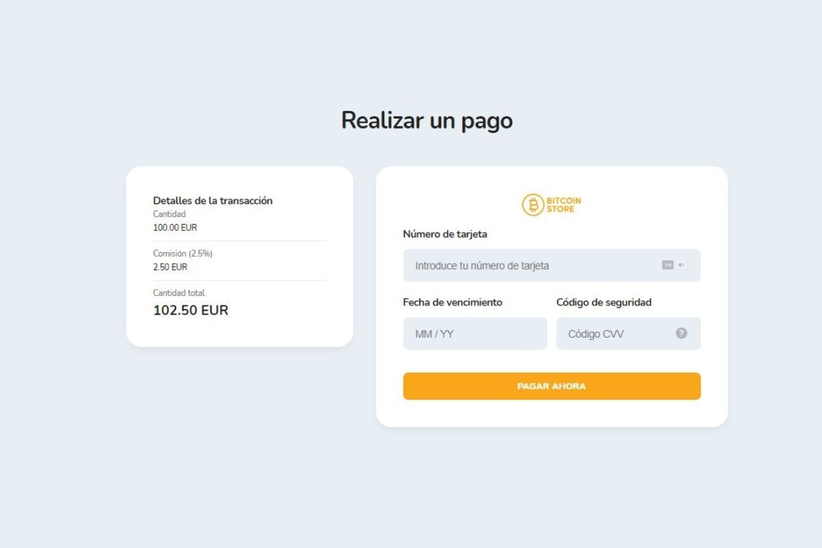 Detalles de la tarjeta bancaria para depositar fondos fiduciarios en el exchange de criptomonedas Bitcoin Store