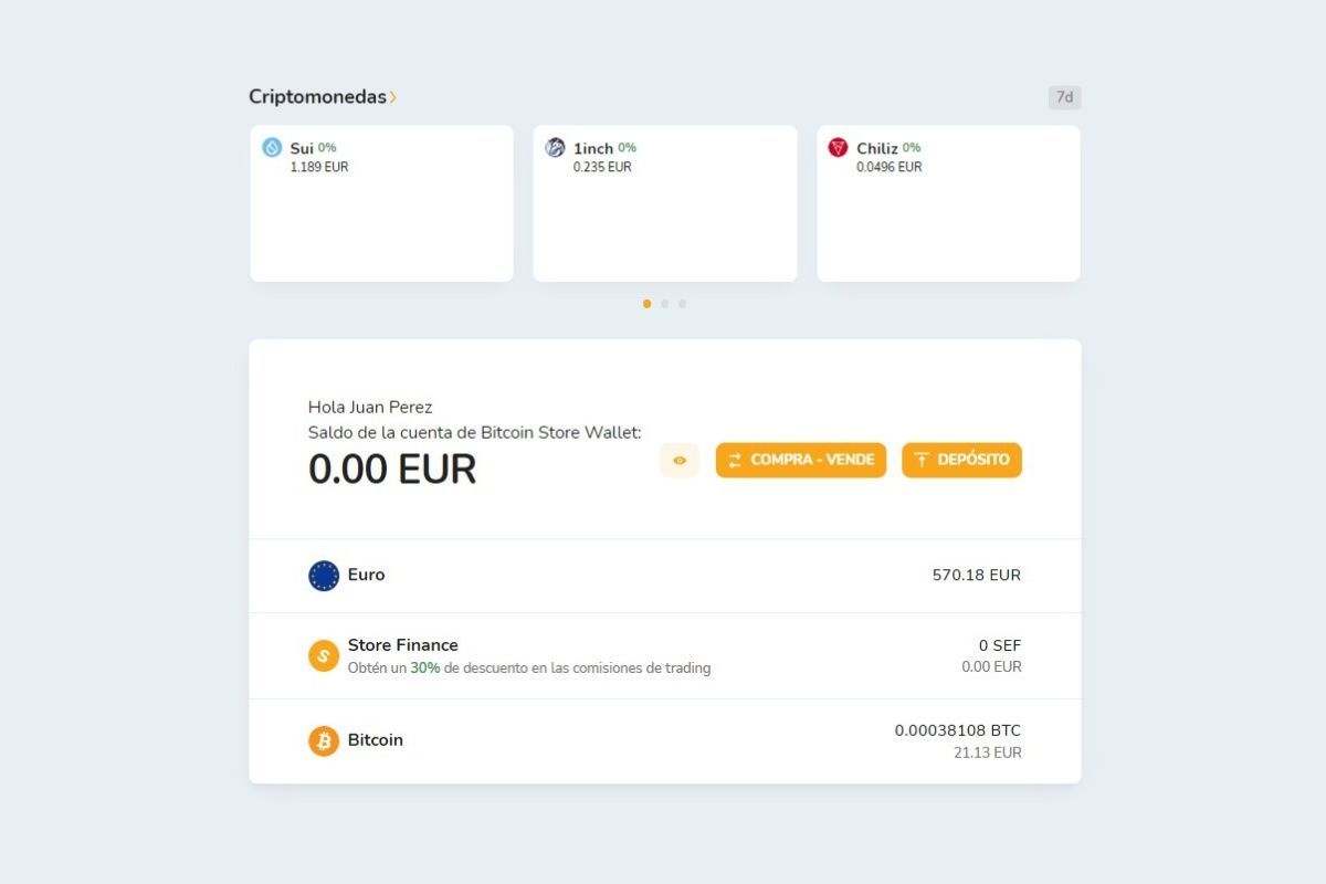 Un screenshot de la pantalla de inicio de Bitcoin Store Wallet, una billetera digital gratuita para comprar, vender y almacenar criptomonedas