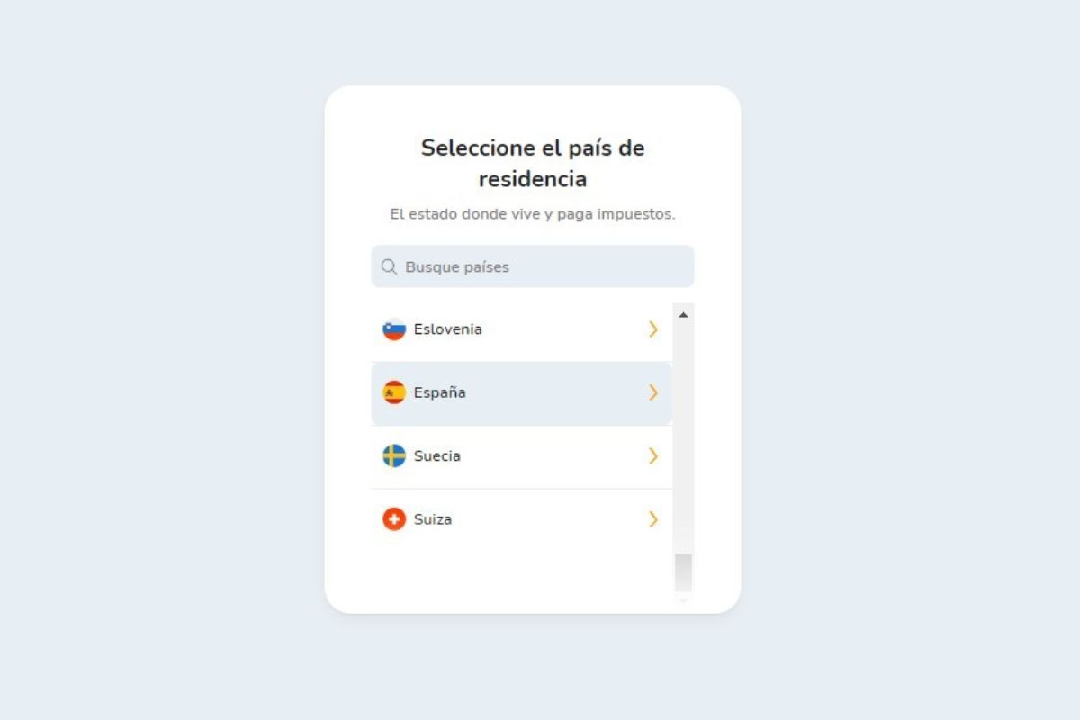 Selecciona un país de residencia al crear una cuenta en la plataforma de Bitcoin Store para comprar y vender criptomonedas