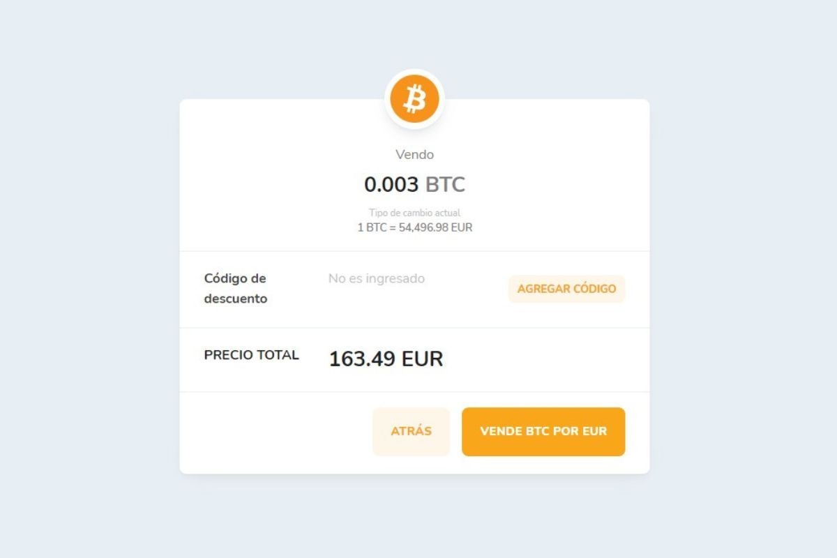 Confirmación de la venta de criptomonedas a través de Bitcoin Store Wallet.