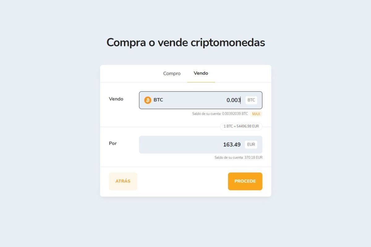 Venta de criptomonedas por una cantidad en Euros (EUR).