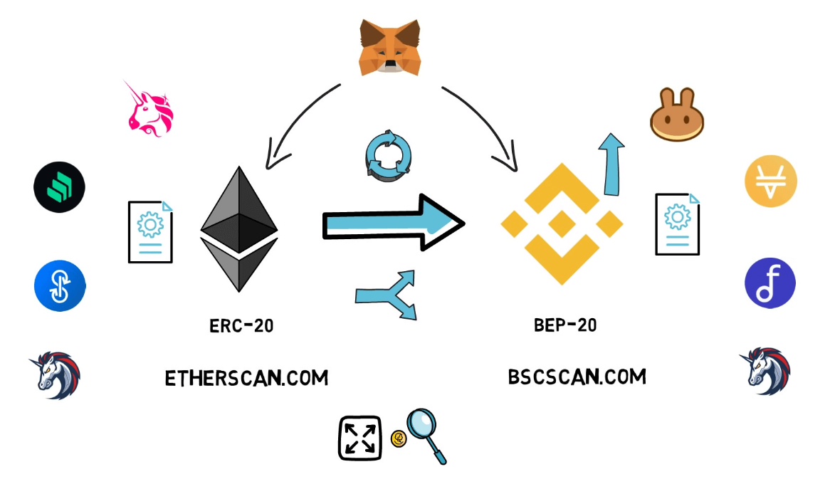 Infografika prikazuje tokene koji su utemeljeni na ERC-20 i BSC mrežama.