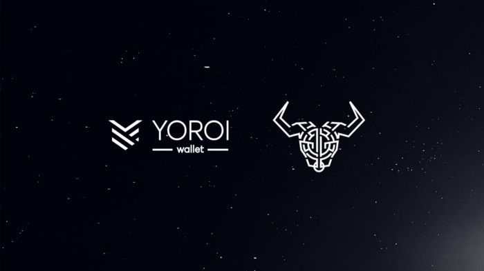 The white logo of the YOROI wallet on the black background.