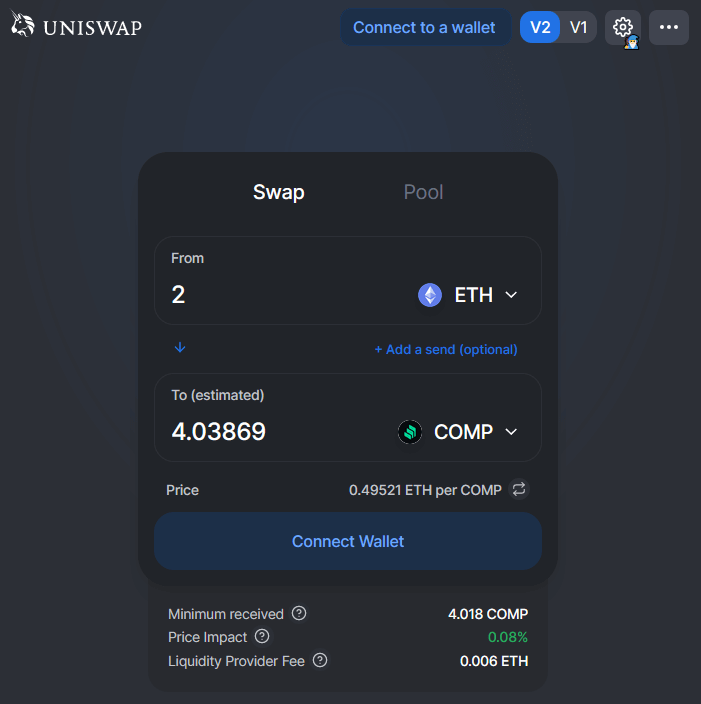 Snimka zaslona korisničkog sučelja Uniswap aplikacije.