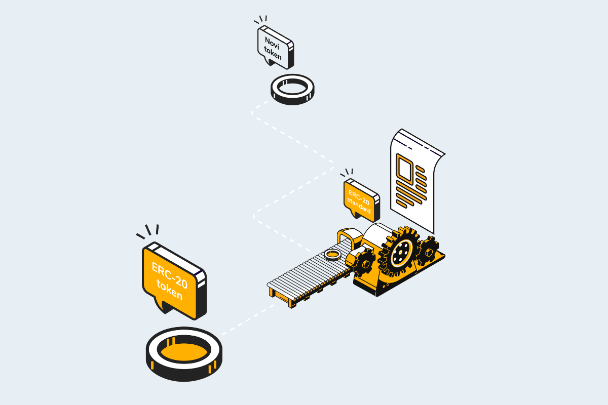 Ilustracija koja objašnjava proces pokretanja ERC-20 tokena uz pomoć pametnih ugovora.