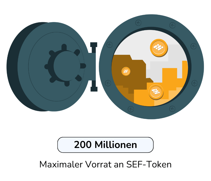 Die Abbildung zeigt einen Tresor, der den maximalen Vorrat des Store Finance (SEF)-Tokens symbolisiert.