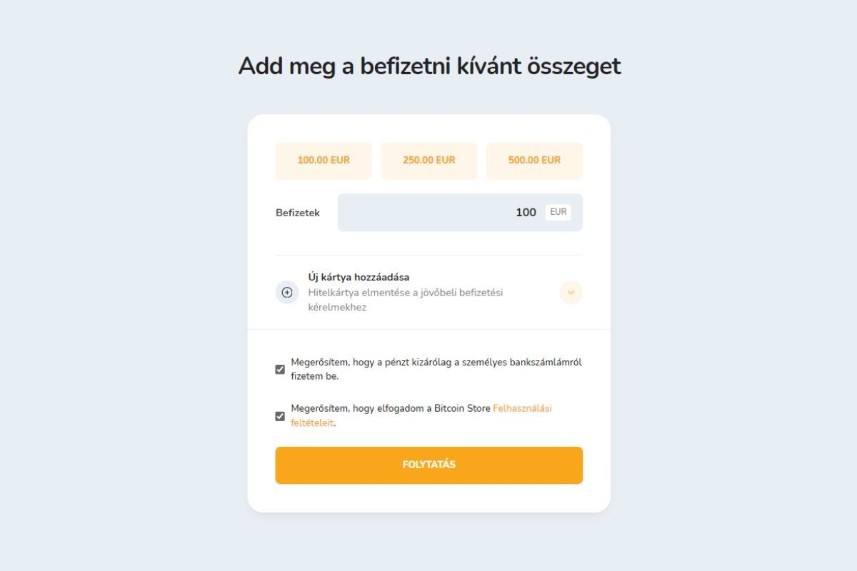 Az összeg megadása euróban (EUR) a saját Bitcoin Store számlára történő befizetéshez.