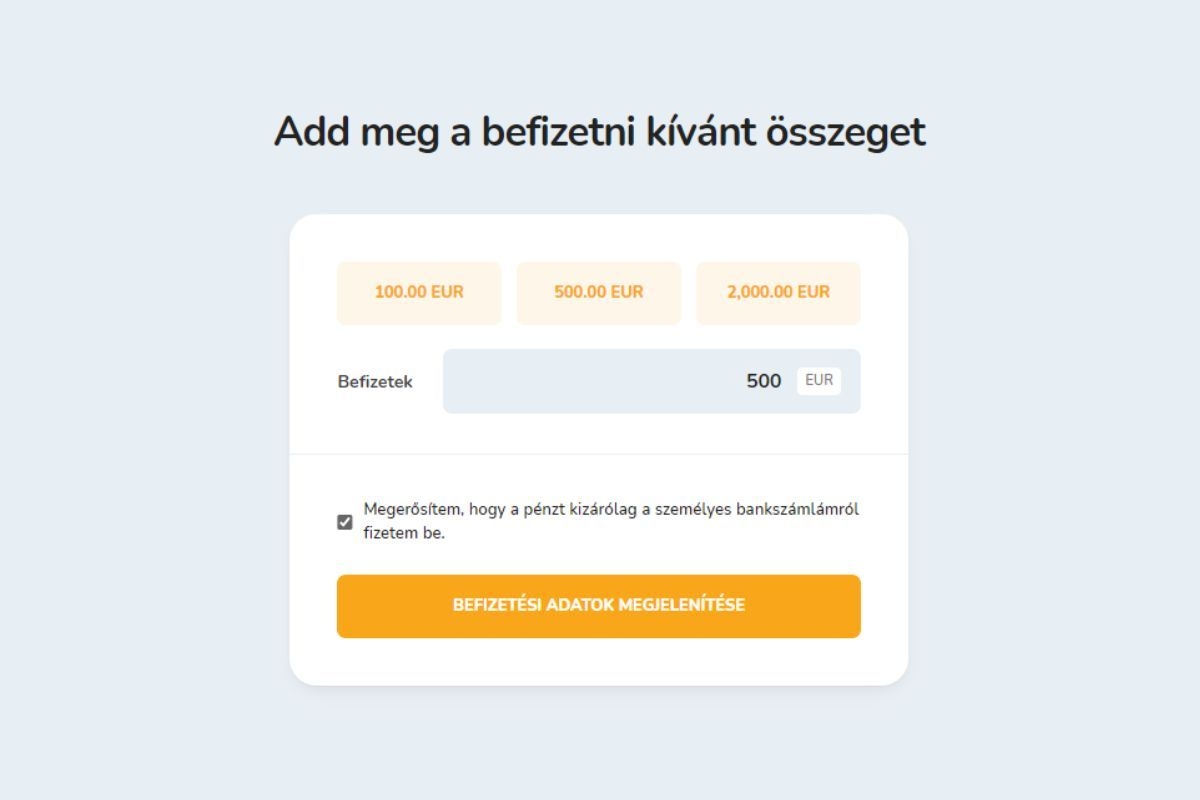 EUR összeg befizetése a Bitcoin Store Wallet-be banki átutalással.