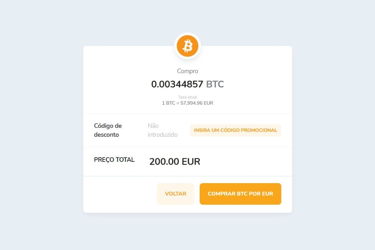 Janela de confirmação de compra de Bitcoin (BTC) por Euro (EUR)