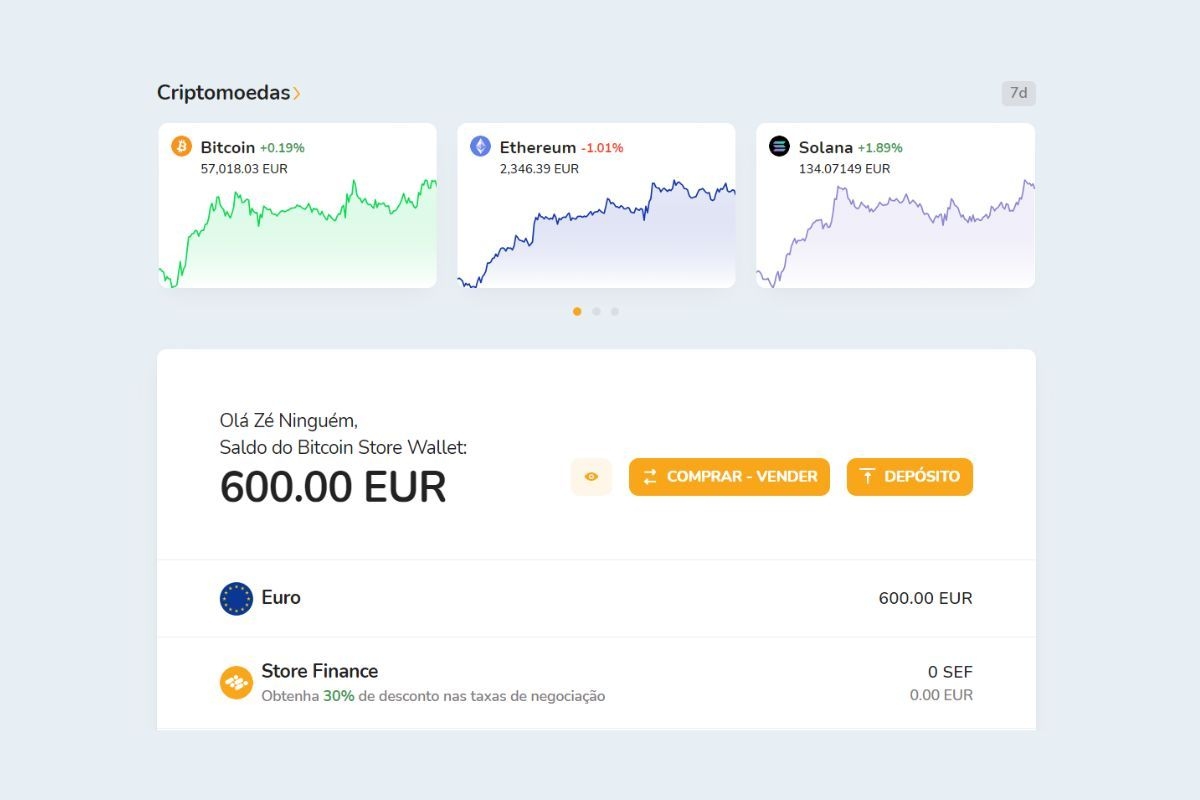 Captura de tela da tela inicial da Bitcoin Store Wallet, uma carteira digital gratuita para compra, venda e armazenamento de criptomoedas