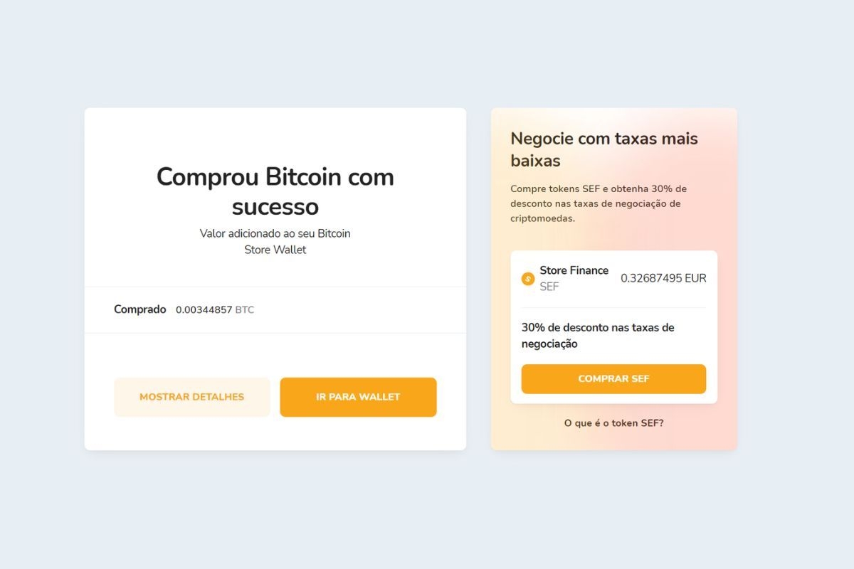 Compra bem-sucedida da primeira criptomoeda na plataforma Bitcoin Store