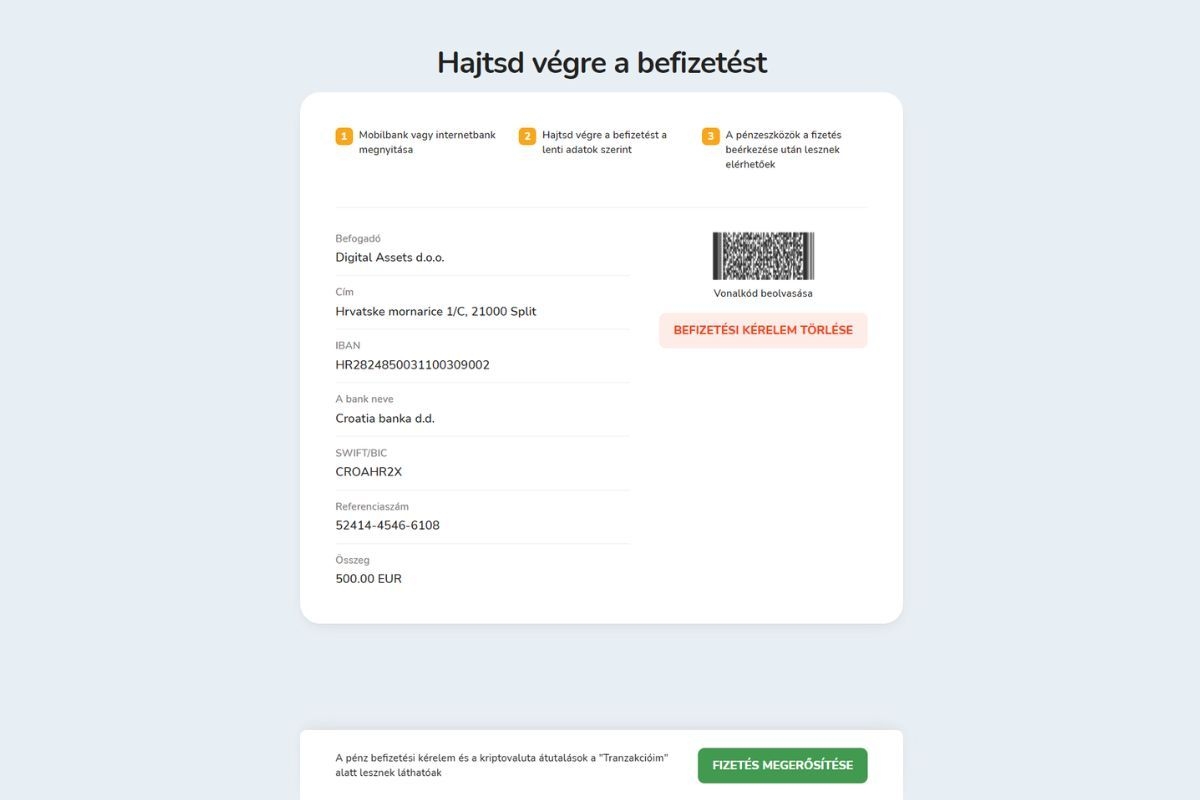 A Bitcoin Store platformon történő befizetéshez szükséges információs ablak
