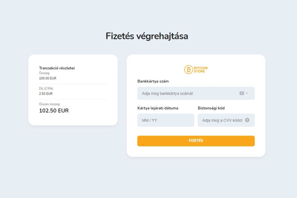 Bankkártya adatok fiat pénz befizetéséhez a Bitcoin Store kriptotőzsdére.