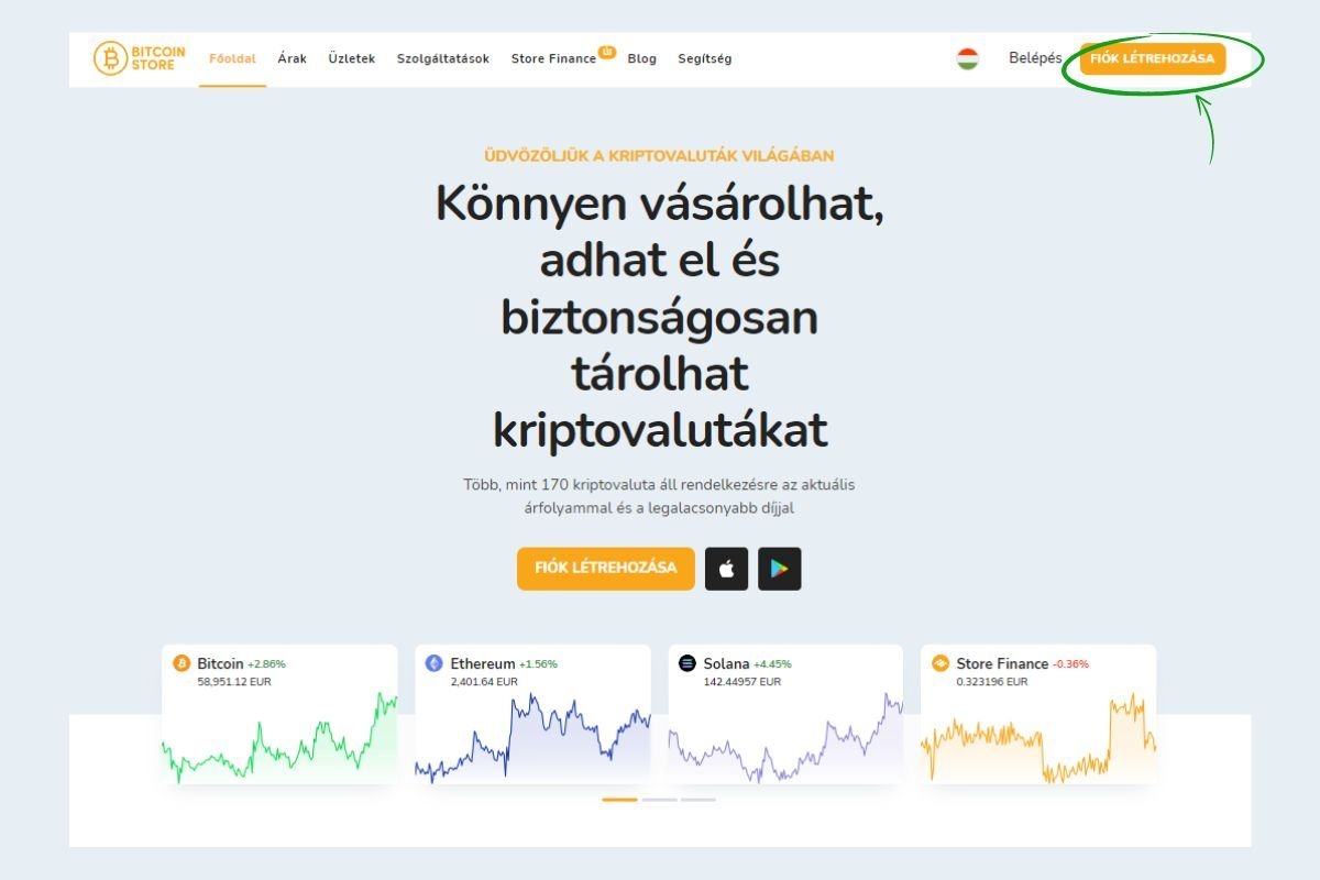 A Bitcoin Store kriptotőzsde kezdőlapja