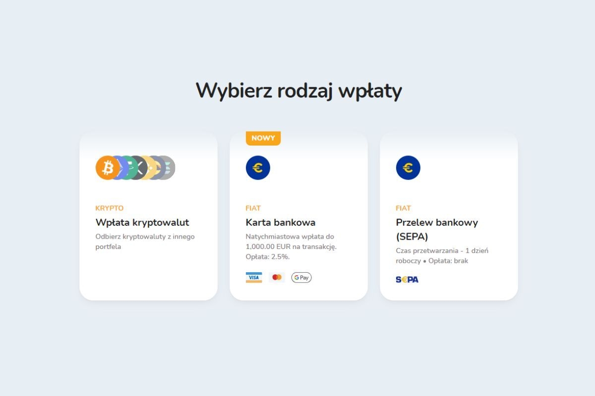 Metody dostępne do wpłaty środków fiat na platformie Bitcoin Store.