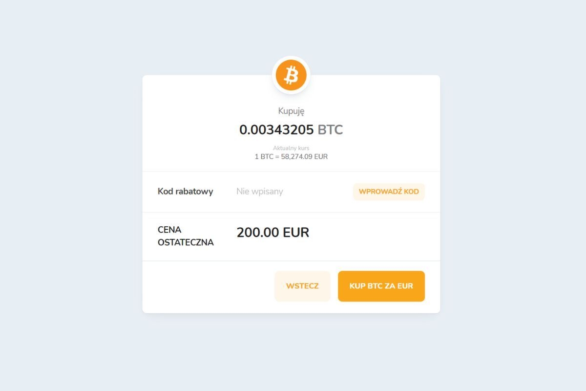 Okno potwierdzenia zakupu kryptowaluty Bitcoin (BTC) za euro (EUR).